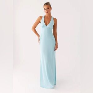 Peppermayo Heavy Hearted Satin Maxi Dress Ice Blue silky tie back open long gown